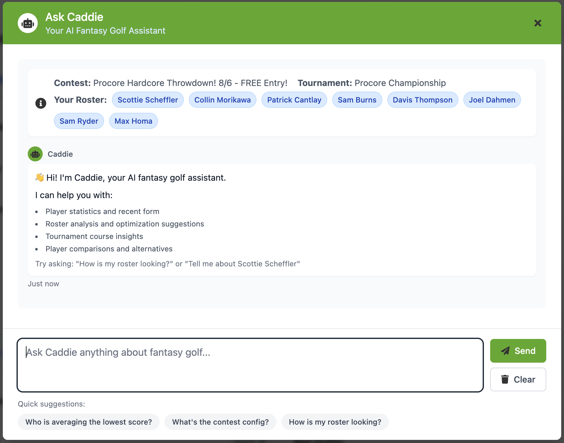 Caddie Chat: chat with an AI powered agent for roster feedback and research