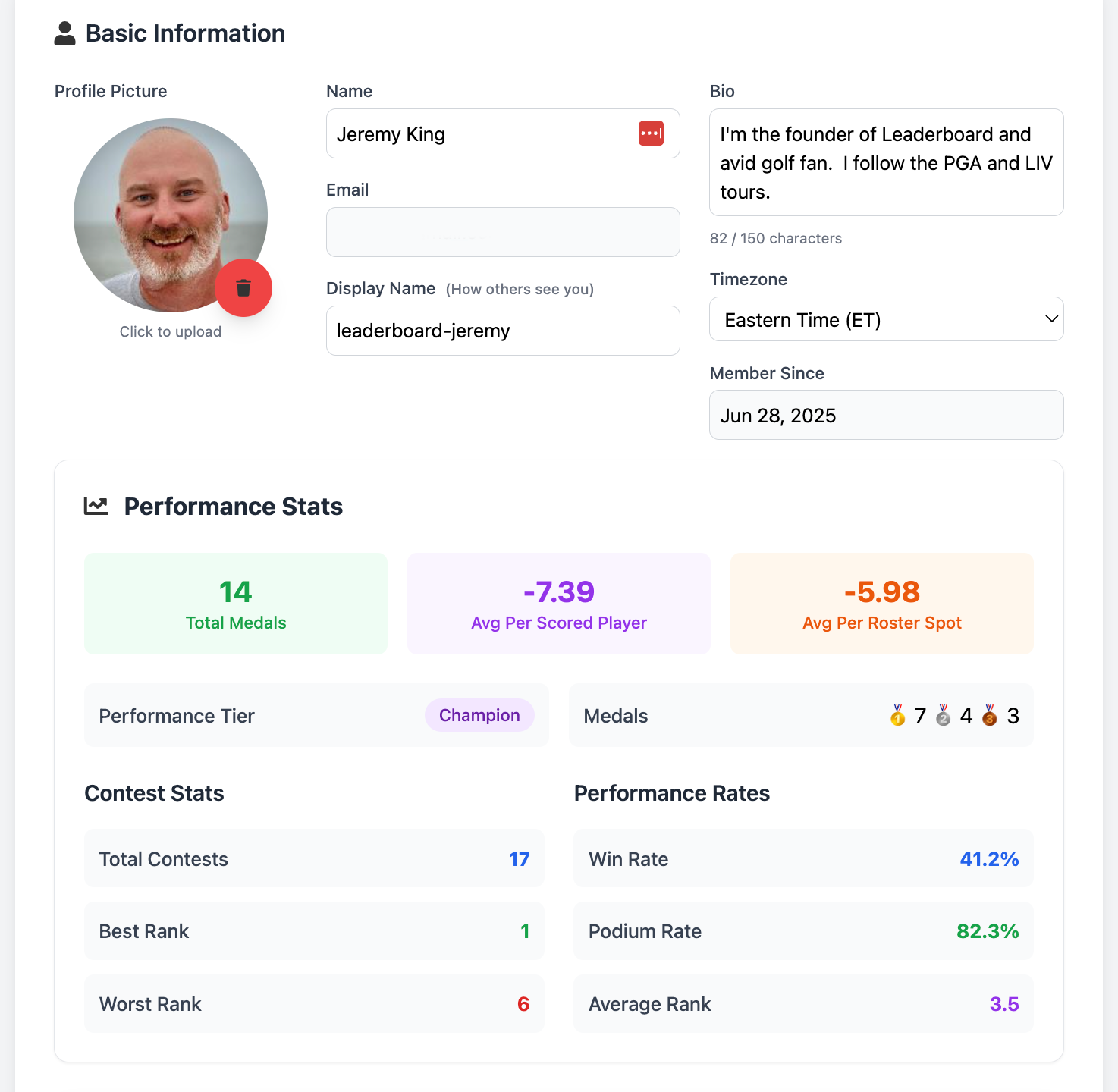 New public profile page showing user statistics and performance metrics